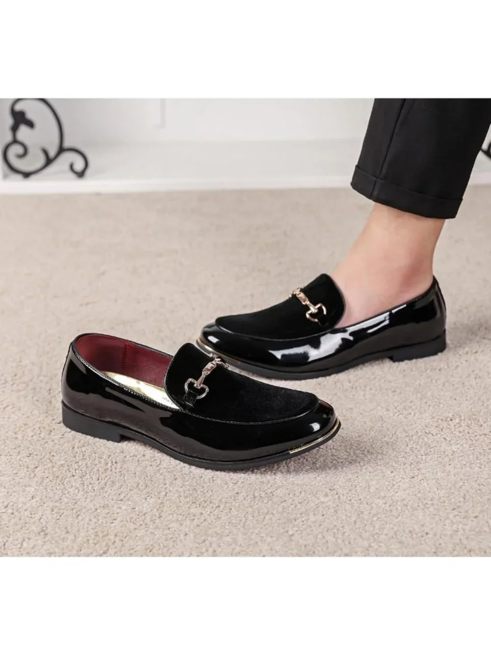 Men's Luxury Velvet & Patent Leather Loafers with Gold Buckle - Dress Shoes 7-13